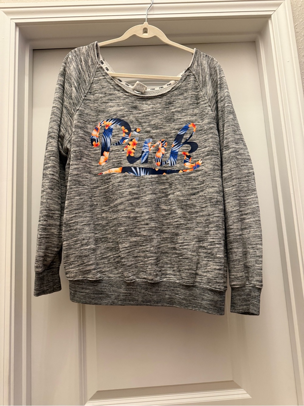 PINK Victoria's Secret Gray Marled Off-the-Shoulder Sweatshirt with Floral Logo